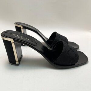 Vintage GUCCI Black & Gold GG Monogram Mules With Block Heel 8.5 B NEW